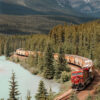 A red Mountain Train pulls a long freight train around a curve, passing through dense forest alongside a river with mountains in the background. Nature and landscape poster print available in A1 to A4 sizes.