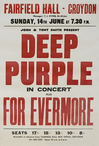 A vintage concert poster for Deep Purple at Fairfield Hall, Croydon, on Sunday, June 14 at 7:30 pm, with ticket prices detailed at the bottom. Music poster print available in A1 to A4 sizes.