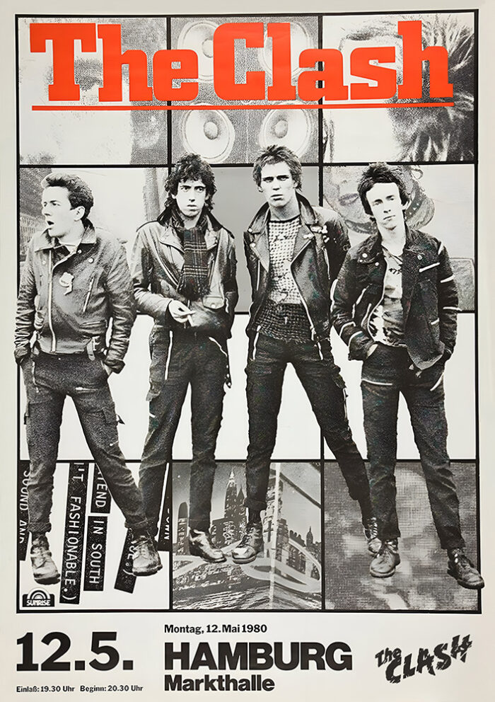 product-image Black and white poster of The Clash band members standing in front of a wall, promoting their legendary Hamburg 1980 concert at Markthalle on May 12. Music poster print available in A1 to A4 sizes.