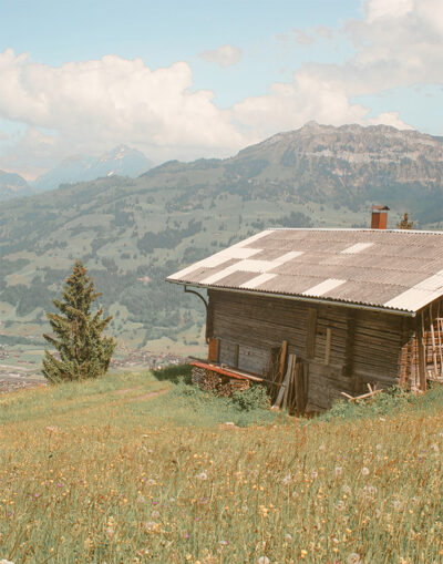 A mountain cabin sits on a grassy hillside with wildflowers, overlooking distant peaks under a partly cloudy sky—the perfect mountain getaway. Nature and landscape poster print available in A1 to A4 sizes.