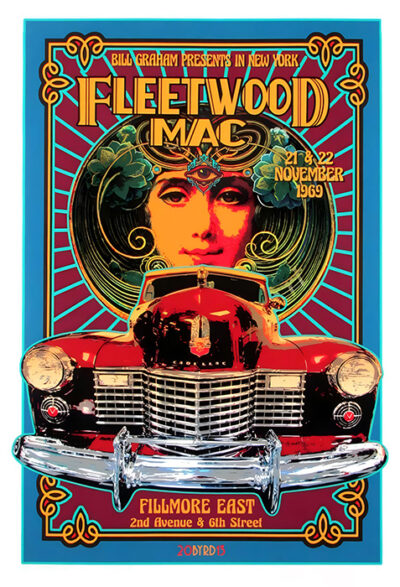 Psychedelic poster for Fleetwood Mac concerts at Fillmore East, New York, on November 21 and 22, 1969, featuring a womans face and a classic red car—an iconic tribute to Fleetwood Macs legendary 1969 New York shows. Music poster print available in A1 to A4 sizes.