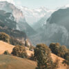 A scenic mountain valley with green hills, scattered trees, and towering cliffs under a partly cloudy sky. Nature and landscape poster print available in A1 to A4 sizes.