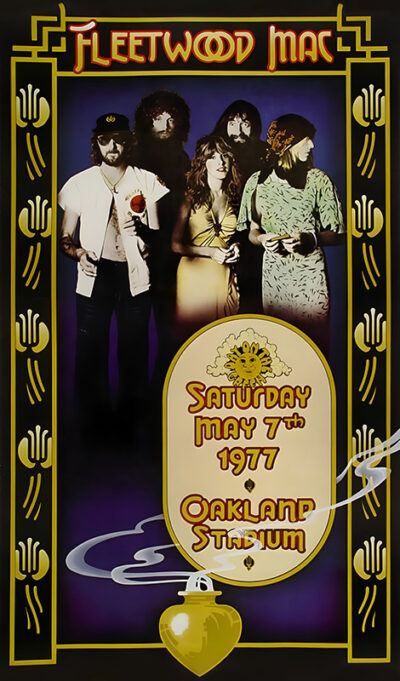 Fleetwood Mac concert poster with art deco border and stylized graphics, featuring the five band members. Event details: Saturday, May 7th, 1977 at Oakland Stadium. Music poster print available in A1 to A4 sizes.