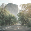 A paved road curves through a forested area with a large granite cliff, El Capitan, rising in the background under a bright sky. Nature and landscape poster print available in A1 to A4 sizes.