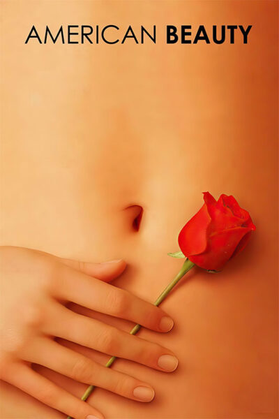 A close-up of a hand holding a red rose against bare skin, evoking the iconic imagery from the 1999 movie American Beauty, with the text AMERICAN BEAUTY at the top. Movie poster print available in A1 to A4 sizes.