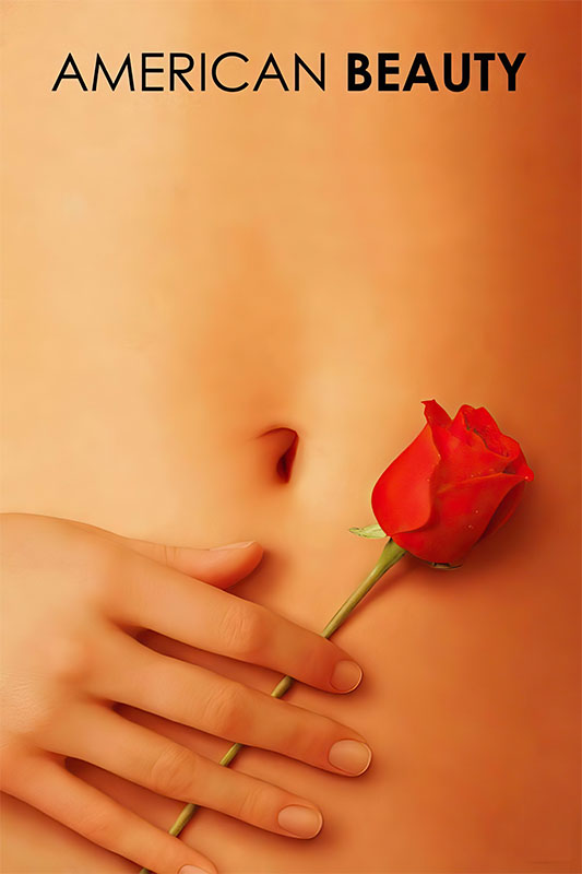 product-image_0000_American Beauty.jpg A close-up of a hand holding a red rose against bare skin, evoking the iconic imagery from the 1999 movie American Beauty, with the text AMERICAN BEAUTY at the top. Movie poster print available in A1 to A4 sizes.