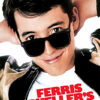 A young man in a leather jacket and sunglasses smiles with arms behind his head. The text Ferris Buellers Day Off, the classic 1986 movie, is displayed in bold red letters at the bottom. Movie poster print available in A1 to A4 sizes.