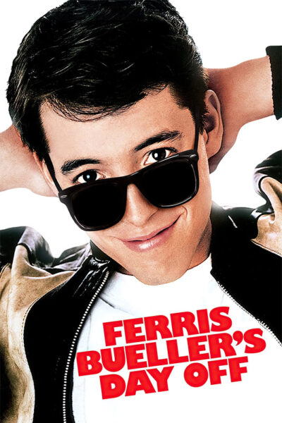 A young man in a leather jacket and sunglasses smiles with arms behind his head. The text Ferris Buellers Day Off, the classic 1986 movie, is displayed in bold red letters at the bottom. Movie poster print available in A1 to A4 sizes.