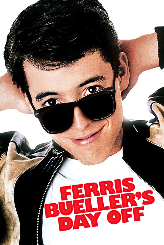 A young man in a leather jacket and sunglasses smiles with arms behind his head. The text Ferris Buellers Day Off, the classic 1986 movie, is displayed in bold red letters at the bottom. Movie poster print available in A1 to A4 sizes.