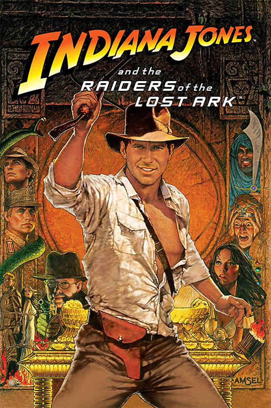 Movie poster for the 1981 classic Raiders Of The Lost Ark, featuring Indiana Jones holding a whip, with supporting characters and thrilling adventure imagery in the background. Movie poster print available in A1 to A4 sizes.