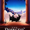 A silhouetted child and elderly person sit inside a large open doorway overlooking mountains and clouds, with the title The Princess Bride below, evoking the magic of the 1987 classic film. Movie poster print available in A1 to A4 sizes.