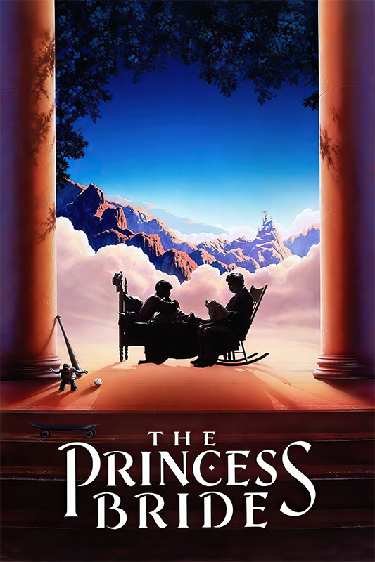 product-image_0000_The Princess Bride.jpg A silhouetted child and elderly person sit inside a large open doorway overlooking mountains and clouds, with the title The Princess Bride below, evoking the magic of the 1987 classic film. Movie poster print available in A1 to A4 sizes.