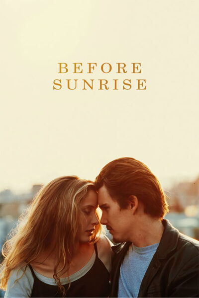 A man and woman sit close together, touching foreheads, with the text Before Sunrise above them against a bright, soft background—capturing the intimate mood of the 1995 movie romantic drama. Movie poster print available in A1 to A4 sizes.