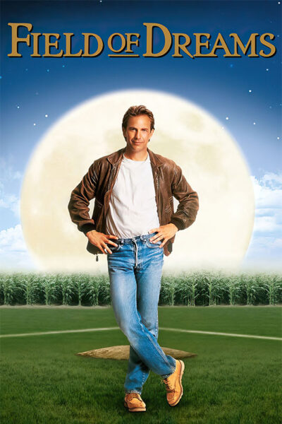A man in a brown leather jacket and jeans stands on a baseball field in front of a glowing full moon, with the text Field Of Dreams above him, evoking the magic of the iconic 1989 movie. Movie poster print available in A1 to A4 sizes.