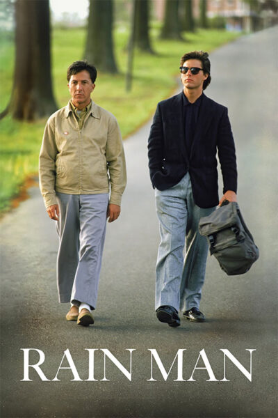 Two men walk side by side on a tree-lined road in this iconic scene from the 1988 movie Rain Man; one wears a tan jacket and beige pants, the other sunglasses, a dark jacket, and carries a grey bag. The text reads Rain Man. Movie poster print available in A1 to A4 sizes.
