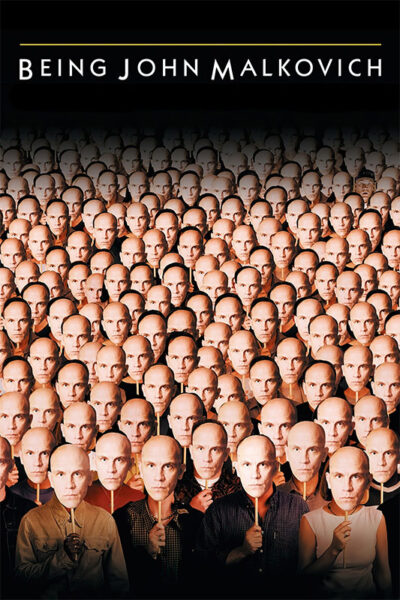 Poster for the 1999 movie Being John Malkovich showing a crowd of people, each holding a mask of the same male face, with the film title at the top. Movie poster print available in A1 to A4 sizes.