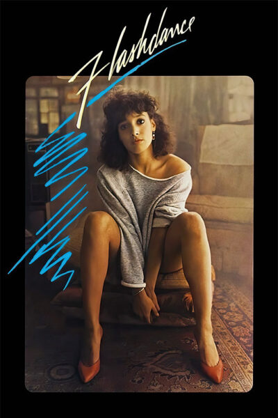 Woman sitting on a couch wearing an off-the-shoulder sweater and red heels, with the word Flashdance written above in stylized text—a nod to the iconic 1983 movie. Movie poster print available in A1 to A4 sizes.