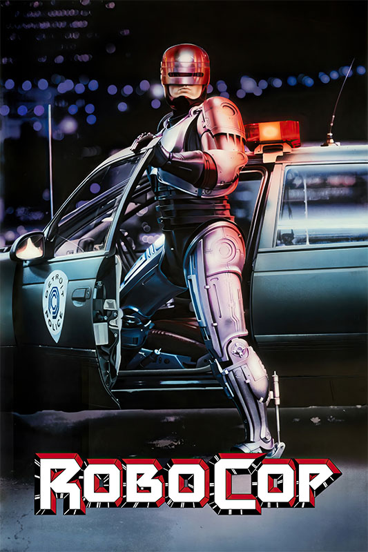 product-image_0002_RoboCop.jpg A robotic police officer stands by an open car door with flashing lights at night; the word ROBOCOP is displayed at the bottom, evoking the iconic 1987 Robocop movie. Movie poster print available in A1 to A4 sizes.
