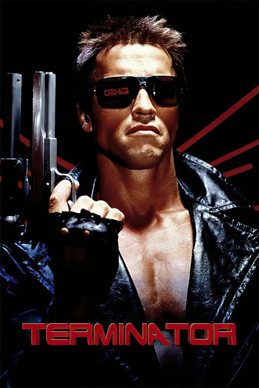 product-image_0002_The Terminator.jpg A man wearing sunglasses and a black leather jacket holds a handgun, with the word TERMINATOR in red letters at the bottom, capturing the iconic look from The Terminator (1984). Movie poster print available in A1 to A4 sizes.