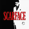 Black and white poster of the Scarface 1983 film features a man in a white suit holding a gun, with bold red text reading Scarface across the image. Movie poster print available in A1 to A4 sizes.