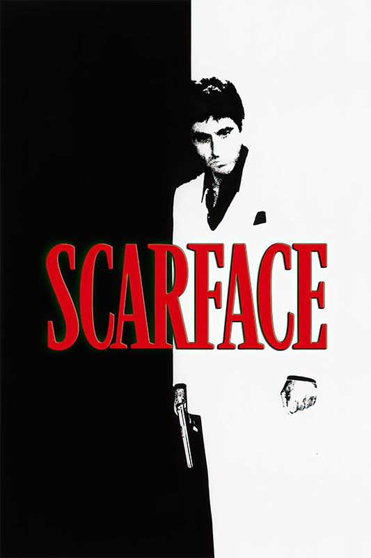 Black and white poster of the Scarface 1983 film features a man in a white suit holding a gun, with bold red text reading Scarface across the image. Movie poster print available in A1 to A4 sizes.