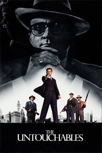 Movie poster for the 1987 movie The Untouchables, a classic crime film, featuring a large grayscale image of a man with a hat and cigar above four men in suits—one aiming a gun—with a city skyline in the background. Movie poster print available in A1 to A4 sizes.