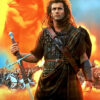 A man in medieval armour holds a sword before a battlefield, with a couple embracing in the background. The word BRAVEHEART, referencing the iconic 1995 movie, is displayed at the bottom. Movie poster print available in A1 to A4 sizes.
