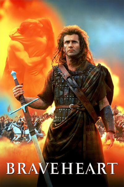 A man in medieval armour holds a sword before a battlefield, with a couple embracing in the background. The word BRAVEHEART, referencing the iconic 1995 movie, is displayed at the bottom. Movie poster print available in A1 to A4 sizes.