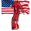A person in a red sequined dress poses in front of an American flag with the word Tootsie in bold black letters below, capturing the iconic style of the 1982 movie. Movie poster print available in A1 to A4 sizes.