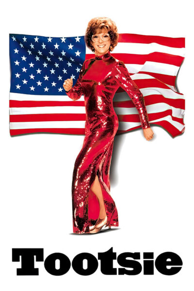 A person in a red sequined dress poses in front of an American flag with the word Tootsie in bold black letters below, capturing the iconic style of the 1982 movie. Movie poster print available in A1 to A4 sizes.