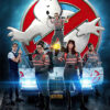 Four people in Ghostbusters uniforms stand before a car with an ECTO-1 plate and a large Ghostbusters logo behind them, referencing the Ghostbusters reboot. The text GHOSTBUSTERS is displayed at the bottom. Movie poster print available in A1 to A4 sizes.