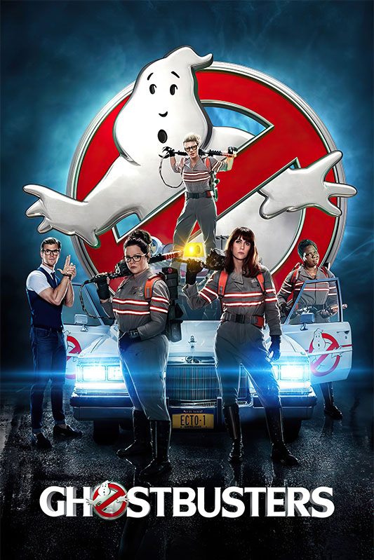 product-image_0005_Ghostbusters.jpg Four people in Ghostbusters uniforms stand before a car with an ECTO-1 plate and a large Ghostbusters logo behind them, referencing the Ghostbusters reboot. The text GHOSTBUSTERS is displayed at the bottom. Movie poster print available in A1 to A4 sizes.