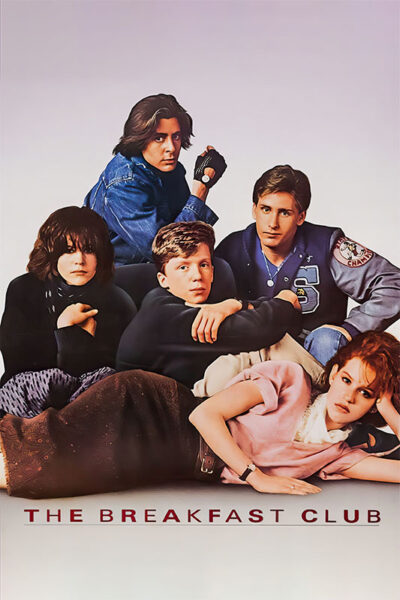 Five teenagers sit closely together against a plain background, with The Breakfast Club—John Hughes’ iconic 1985 movie—written at the bottom in bold red text. Movie poster print available in A1 to A4 sizes.