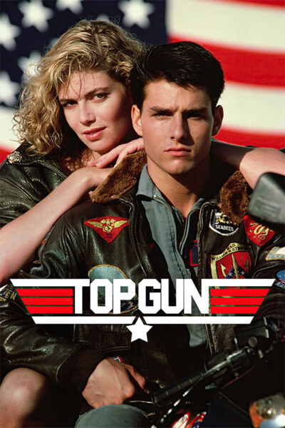 A man and woman in aviator jackets pose in front of a large American flag, channeling the iconic 1986 Top Gun movie. The text Top Gun appears at the bottom of the image. Movie poster print available in A1 to A4 sizes.