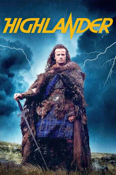A man in medieval clothing and a fur cloak stands holding a sword, with stormy skies and lightning flashing behind him. Inspired by the 1986 movie Highlander, the word Highlander appears at the top in bold yellow text. Movie poster print available in A1 to A4 sizes.