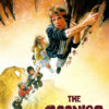 Illustrated movie poster for the adventure film The Goonies shows a group of kids hanging onto each other in a chain, dangling from rocks inside a cave. Movie poster print available in A1 to A4 sizes.
