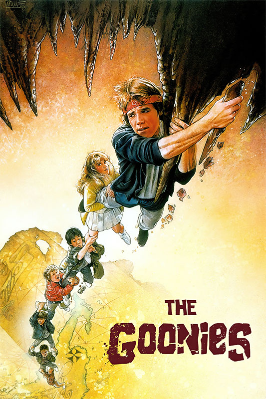 product-image_0006_The Goonies.jpg Illustrated movie poster for the adventure film The Goonies shows a group of kids hanging onto each other in a chain, dangling from rocks inside a cave. Movie poster print available in A1 to A4 sizes.