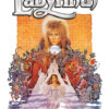Poster for Jim Henson’s Labyrinth (1986 movie) featuring stylized characters, a maze background, and the film’s title at the top. A woman in a white dress is prominent in the lower centre. Movie poster print available in A1 to A4 sizes.