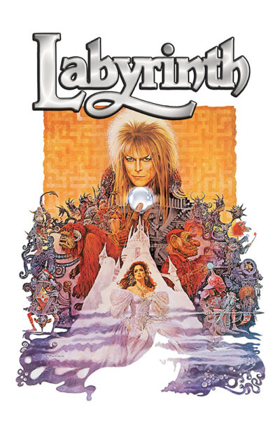 Poster for Jim Henson’s Labyrinth (1986 movie) featuring stylized characters, a maze background, and the film’s title at the top. A woman in a white dress is prominent in the lower centre. Movie poster print available in A1 to A4 sizes.