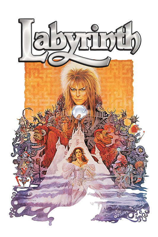 product-image_0007_Labyrinth.jpg Poster for Jim Henson’s Labyrinth (1986 movie) featuring stylized characters, a maze background, and the film’s title at the top. A woman in a white dress is prominent in the lower centre. Movie poster print available in A1 to A4 sizes.