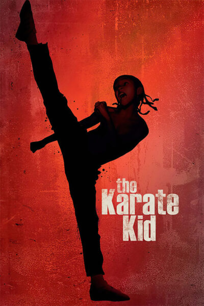 A person in martial arts gear performs a high kick against a red textured background with the movie title The Karate Kid (2010) featured in bold white letters. Movie poster print available in A1 to A4 sizes.