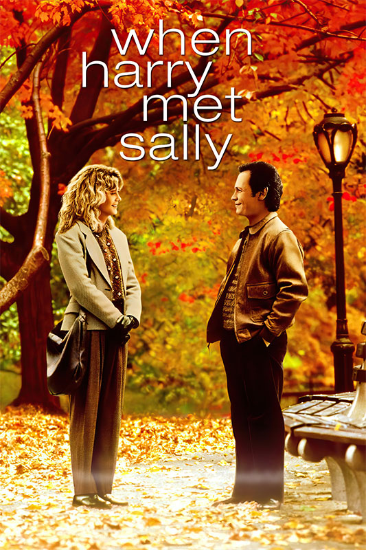 A woman and a man stand facing each other in a park with autumn foliage, capturing the iconic romantic comedy spirit of When Harry Met Sally (1989), beneath the film’s title text. Movie poster print available in A1 to A4 sizes.