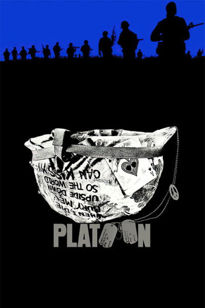 A group of soldiers is silhouetted against a blue sky above a battered helmet with graffiti, playing cards, and dog tags labeled PLATOON—a striking tribute to the iconic 1986 war movie—on a black background. Movie poster print available in A1 to A4 sizes.