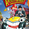 Poster for the Who Framed Roger Rabbit 1988 movie featuring Roger Rabbit, Jessica Rabbit, and a man in a hat riding in a cartoon car with the movie title displayed above them. Movie poster print available in A1 to A4 sizes.