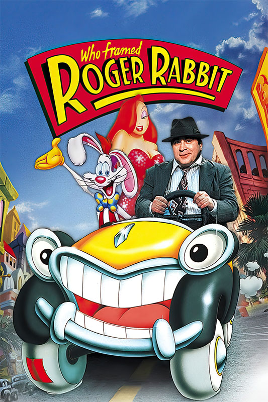 Poster for the Who Framed Roger Rabbit 1988 movie featuring Roger Rabbit, Jessica Rabbit, and a man in a hat riding in a cartoon car with the movie title displayed above them. Movie poster print available in A1 to A4 sizes.