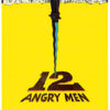 Poster for the classic movie 12 Angry Men features a large knife pointing downward toward the title, with illustrations of jurors and a man in white in the background. Movie poster print available in A1 to A4 sizes.