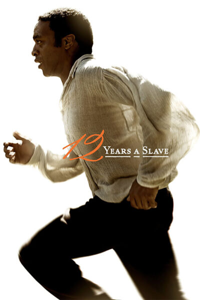 A man in a light shirt is running, with the text 12 Years a Slave overlaid on the image from the acclaimed 2013 movie historical drama. Movie poster print available in A1 to A4 sizes.