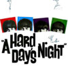 Poster for A Hard Days Night (1964) featuring stylized portraits of The Beatles above the film title, with cartoon figures jumping and falling around the text. Movie poster print available in A1 to A4 sizes.