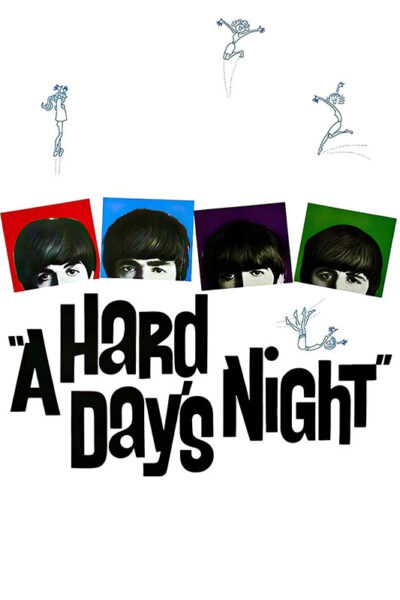 Poster for A Hard Days Night (1964) featuring stylized portraits of The Beatles above the film title, with cartoon figures jumping and falling around the text. Movie poster print available in A1 to A4 sizes.