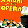 Vibrant poster for the 1935 classic A Night at the Opera, featuring three animated characters near an orchestra and a figure in a balcony, with bold yellow title text set against a striking red background. Movie poster print available in A1 to A4 sizes.